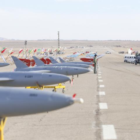 Unmanned aerial vehicles (UAV) during a drill held by the Iranian army in Semnan, Iran, on January 5, 2021. (Iranian Army via Getty Images)