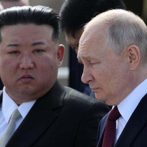 Russian President Vladimir Putin and North Korean leader Kim Jong Un visit a construction site of the Angara rocket launch complex on September 13, 2023, in Tsiolkovsky, Russia. (Contributor via Getty Images)