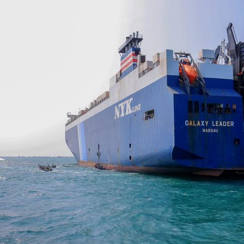 A picture taken during an organised tour by Yemen's Huthi rebels on November 22, 2023 shows the Galaxy Leader cargo ship, seized by Huthi fighters two days earlier, at a port on the Red Sea in Yemen's province of Hodeida. The Bahamas-flagged, British-owned Galaxy Leader, operated by a Japanese firm but having links to an Israeli businessman, was headed from Turkey to India when it was seized and re-routed to Hodeida November 19, according to maritime security company Ambrey. The Huthis said the capture was 