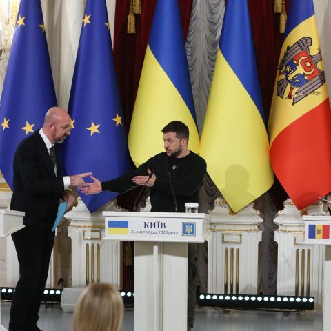 President of Ukraine Volodymyr Zelenskyy, President of the European Council Charles Michel, and President of the Republic of Moldova Maia Sandu during the press conference on November 21, 2023, in Kyiv, Ukraine. (Viktor Kovalchuk/Global Images Ukraine via Getty Images)