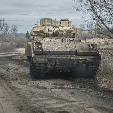 Ukrainian soldiers patrol with a Bradley Fighting vehicle as the Russia-Ukraine war continues in Avdiivka Donbas, Ukraine, on December 4, 2023. (Marek M. Berezowski/Anadolu via Getty Images)