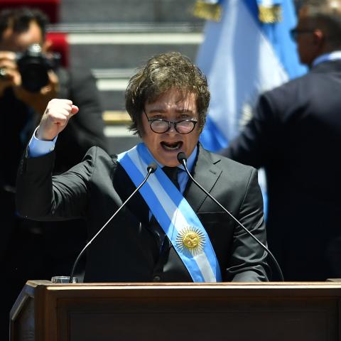 President of Argentina Javier Milei speaks to supporters outside the National Congress after his inauguration ceremony on December 10, 2023, in Buenos Aires, Argentina. (Photo by Marcelo Endelli/Getty Images)