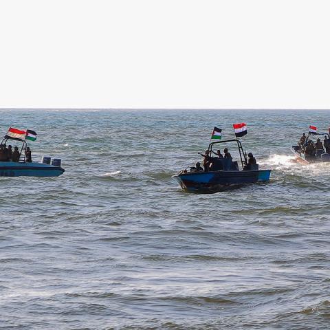 Members of the Yemeni Coast Guard affiliated with the Houthis patrol the Red Sea as demonstrators march through the port city of Hodeida in solidarity with the people of Gaza on January 4, 2024. (AFP via Getty Images)