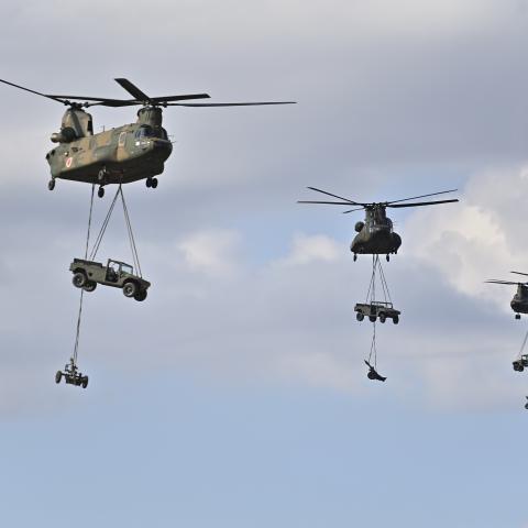 Japan's Self-Defense Forces 1st Airborne Brigade conduct descent training with allies US, UK, Canada, France, Germany, and Philippines on January 7, 2024, at Camp Narashino training area in Tokyo, Japan. (David Mareuil/Anadolu via Getty Images)