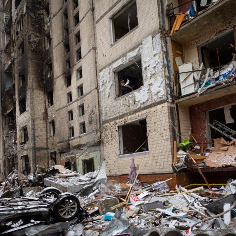 An apartment building in the Kyiv lies in ruins after a Russian missile attack on January 2, 2024. (Kirill Chubotin via Getty Images)