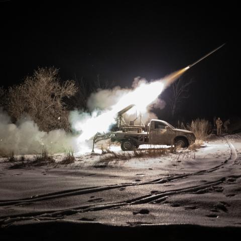Ukrainian soldiers fire 'Mini Grad' multi-barrel rocket launchers at Russian positions in the direction of Kupiansk, where clashes between Russia and Ukraine continue, in Kupiansk, Kharkiv, Ukraine on January 7, 2024. (Photo by Ozge Elif Kizil/Anadolu via Getty Images)