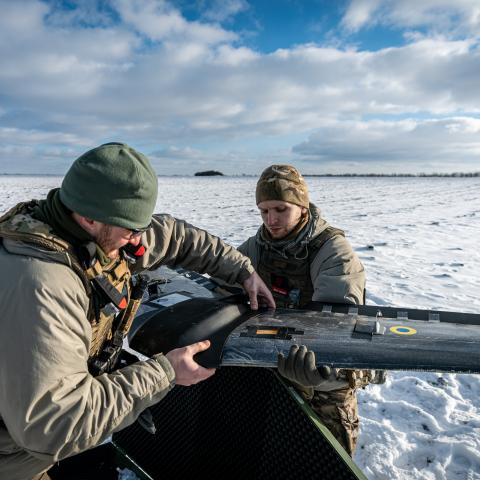 Ukrainian soldiers prepare a long range drone near the Bakhmut frontline, in Donetsk Oblast, Ukraine on January 12, 2024. Drone warfare has become increasingly important as the war entered into a stalemate and both sides are heavily fortified. (Photo by Ignacio Marin/Anadolu via Getty Images)