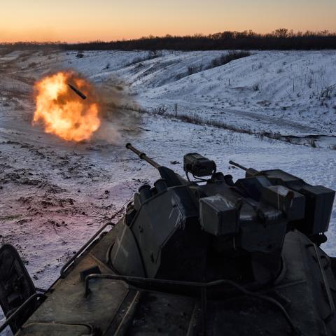 Soldiers at the training ground calibrate their weapons after going into combat against the positions of the Russian army on January 12, 2024 in Lyman district, Ukraine. Ukraine's 49th Infantry Battalion "Karpatska Sich" on The Kremina Frontline are holding back the Russians on the Lyman front. Ukraine's ammunition stocks dwindle as the Russian army saturates its anti-aircraft defence, a new strategy from Moscow at a time when Kyiv is worried about the erosion of Western military support. (Photo by Kostiant