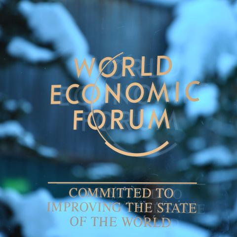 The World Economic Forum logo in Davos, Switzerland, on January 14, 2024. (Lian Yi/Xinhua via Getty Images)