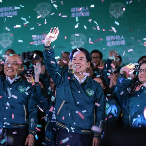 Confetti flies over the stage and crowd as Taiwan’s president- and vice president–elect Lai Ching-te and Hsiao Bi-khim speak to supporters at a rally at the party’s headquarters on January 13, 2024, in Taipei, Taiwan. (Photo by Annabelle Chih/Getty Images)