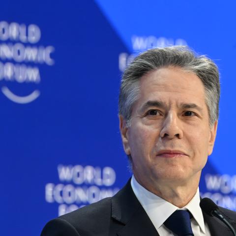 US Secretary of State Antony Blinken speaks during the World Economic Forum (WEF) in Davos, Switzerland, on January 17, 2024. (Photo by Halil Sagirkaya/Anadolu via Getty Images)