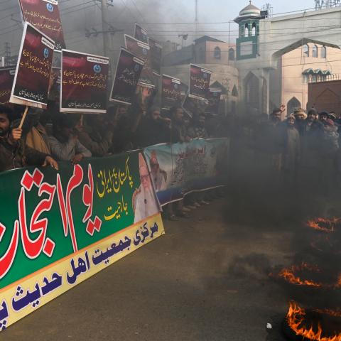 Markazi Jamiat Ahle Hadees Pakistan activists protest in Lahore after Iran launched an airstrike in Pakistan's south-west Baluchistan province on January 19, 2024. (Arif Ali/AFP via Getty Images)