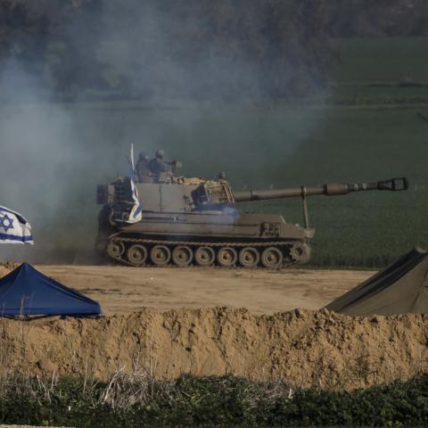 An Israeli artillery unit moves along the border with the Gaza Strip on January 19, 2024, in southern Israel. (Photo by Amir Levy/Getty Images)