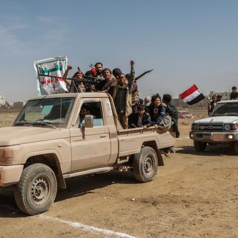 Armed rebels of the Iran-backed Houthi militia ride a pick-up truck during a demonstration against the USA and Israel amid growing tensions between the USA and the Houthis following the latter's several operations in the Red Sea on January 29, 2024, in Sanaa, Yemen. (Osamah Yahya via Getty Images)