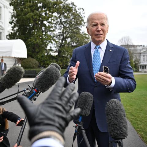 United States President Joe Biden speaks to reporters before boarding Marine One on the South Lawn of the White House in Washington, DC, on January 30, 2024. (Mandel Ngan/AFP via Getty Images)