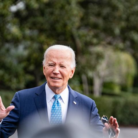 President Joe Biden at the White House talking to the press on his way to an event in Miami, Florida, on January 30, 2024. (Andrew Thomas/NurPhoto via Getty Images)