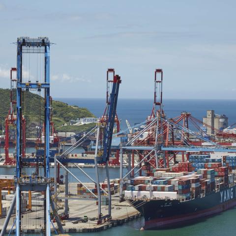 Container ship YM Unanimity seen docked at its home port in Keelung, Taiwan, on October 16, 2016. (Craig Ferguson/LightRocket via Getty Images)