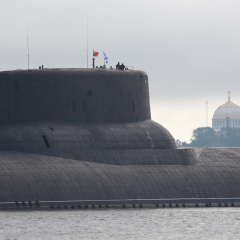The Dmitriy Donskoy nuclear ballistic missile submarine arrives at St Petersburg to take part in a ship parade marking Russian Navy Day in Russia on July 26, 2017. (Sergey Mihailicenko/Anadolu Agency via Getty Images)