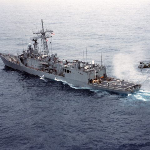 USS Samuel B. Roberts underway after the ship struck a mine in the Persian Gulf, April 14, 1988.