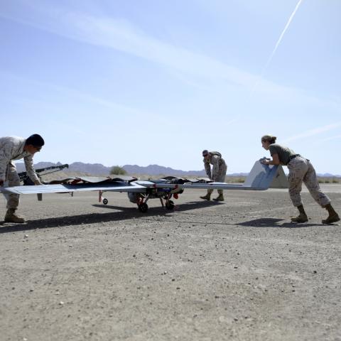 United States Marines prepare an RQ-7B Shadow during an exercise as part of Weapons and Tactics Instructor Course 2-15 near Yuma, Arizona, on April 10, 2015. (US Marine Corps vis DVIDS)
