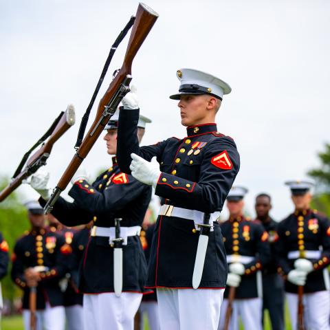 Members of the U.S. Army Drill Team, 3d U.S. Infantry Regiment (The Old Guard), perform in front of hundreds of spectators, during a Joint Service Drill Exhibition, April. 14, 2023 at the National Mall in Washington D.C.