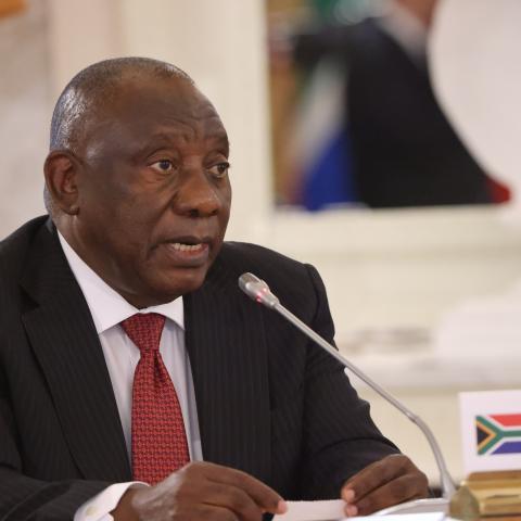 South African President Cyril Ramaphosa speaks during a meeting of African leaders with Russian President at the Konstantin Palace in Strelna on June 17, 2023 in Saint Petersburg, Russia. (Contributor via Getty Images)