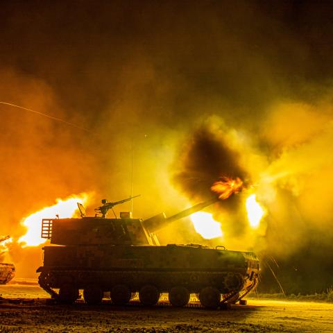 An artillery detachment conducts live fire at night in Huaibei city, Anhui province, China, July 10, 2023. (Photo by Costfoto/NurPhoto via Getty Images)