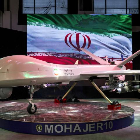 Iranian drone "Mohajer 10" is displayed Iran's defence industry achievements exhibition, on August 23, 2023 in Tehran. Iran unveiled on August 22 its latest domestically built drone that can fly at a higher altitude and for a longer duration with enhanced weapons capabilities, state media reported. (Photo by ATTA KENARE / AFP) (Photo by ATTA KENARE/AFP via Getty Images)