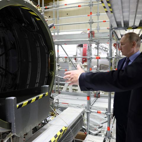 Russia's President Vladimir Putin visiting the Rocket and Space Corporation (RSC) Energia in Korolyov, outside Moscow, on October 26, 2023. (Gavriil Grigorov/POOL/AFP via Getty Images)