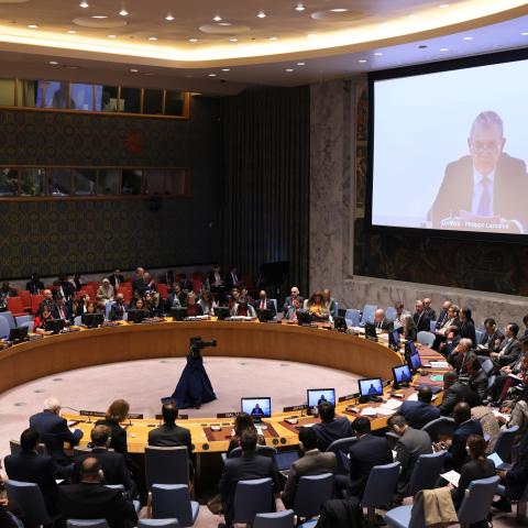 Members of the Security Council listen as Commissioner-General of the UN Relief and Works Agency for Palestine Refugees Philippe Lazzarini speaks during a meeting on the Israel-Hamas war at United Nations headquarters on October 30, 2023, in New York City. (Michael M. Santiago via Getty Images)