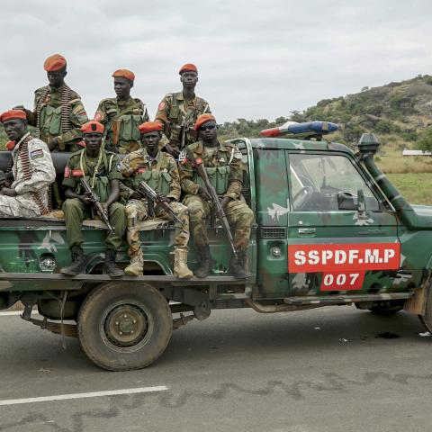 South Sudanese military police officers monitor the area during a South Sudanese Unified Forces deployment ceremony at the Luri Military Training Centre in Juba on November 15, 2023. (Peter Louis Gume/AFP via Getty Images)