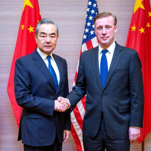 Wang Yi a member of the Political Bureau of the Communist Party of China CPC Central Committee and director of the Office of the Foreign Affairs Commission of the CPC Central Committee holds talks with US National Security Advisor Jake Sullivan in Bangkok, Thailand, on January 26, 2024. (Wang Teng/Xinhua via Getty Images)