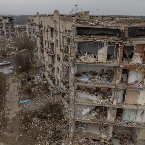 This aerial photograph taken on February 1, 2024, shows residential buildings destroyed by shelling in Izyum, Kharkiv region, amid the Russian invasion of Ukraine. (Photo by Roman PILIPEY / AFP) (Photo by ROMAN PILIPEY/AFP via Getty Images)