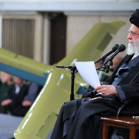 Iranian Supreme Leader Ali Hosseini Khamenei meets with Islamic Republic of Iran Air Force commanders and Islamic Republic of Iran Air Defense Force officers at the Imam Khomeini Husayniyya in Tehran, Iran on February 05, 2024. (Photo by Iranian Leader Press Office / Handout /Anadolu via Getty Images)