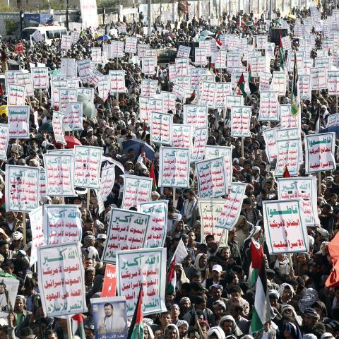 Houthi followers chant slogans during a protest in solidarity with Palestinians and against the US-led aerial attacks on Yemen on February 2, 2024. (Mohammed Hamoud via Getty Images)