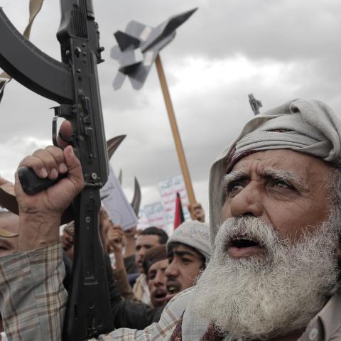 Thousands of Houthi supporters gather at Sebin Square to stage a solidarity demonstration with Palestinians and protest against the Israeli attacks on Gaza on February 9, 2024, in Sanaa, Yemen. (Mohammed Hamoud via Getty Images)