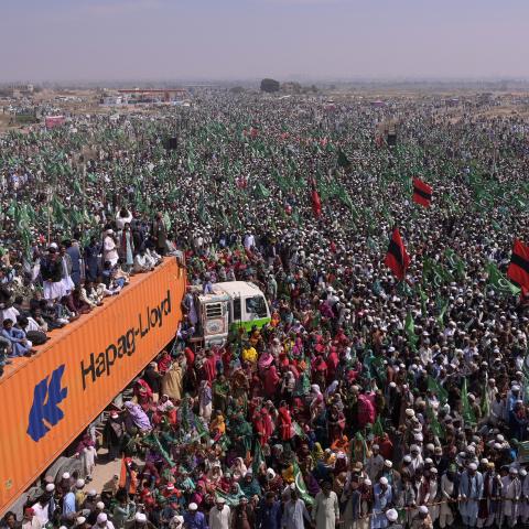 Supporters of the Grand Democratic Alliance party gather during a protest rally in Jamshoro on February 16, 2024, amid claims of alleged vote-rigging in Pakistan's national elections. (Akram Shahid via Getty Images)