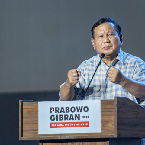 Indonesian presidential candidate Prabowo Subianto, the current defence minister, addresses supporters at an event on February 14, 2024 in Jakarta, Indonesia. (Oscar Siagian via Getty Images)