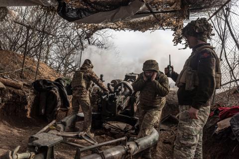 Ukrainian soldiers fire the L119 artillery in the direction of Marinka, Ukraine, on February 23, 2024. (Photo by Diego Herrera Carcedo/Anadolu via Getty Images)