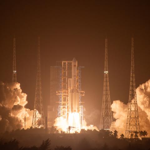 A Long March-5 Y7 carrier rocket carrying a communication technology experiment satellite blasts off from the Wenchang Spacecraft Launch Site on February 23, 2024. (VCG via Getty Images)