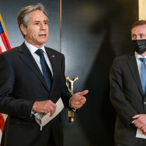 Secretary of State Antony J. Blinken and National Security Advisor Jake Sullivan deliver statements to the press following their meetings with Chinese officials, in Anchorage, Alaska, on March 19, 2021. (Photo by Ron Przysucha)