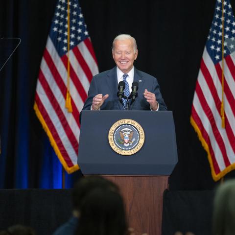 President Joe Biden speaks at the House Democrats Annual Issues Conference on February 8, 2024, in Leesburg, Virginia. (Official White House Photo by Oliver Contreras)
