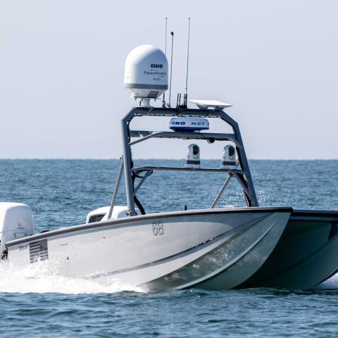 A MARTAC T-24 unmanned surface vehicle (USV) drives autonomously during a demonstration for NATO mine countermeasures personnel as part of exercise Baltic Operations 2023 (BALTOPS 23). (DVIDS)