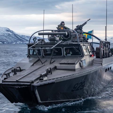 A Swedish CB90-class fast assault crafts approaches the well deck of the Whidbey Island-class dock landing ship USS Gunston Hall (LSD 44), during small boat operations in support of Steadfast Defender 24, March 6, 2024. (US Navy photo by Mass Communication Specialist 1st Class Danielle Serocki)