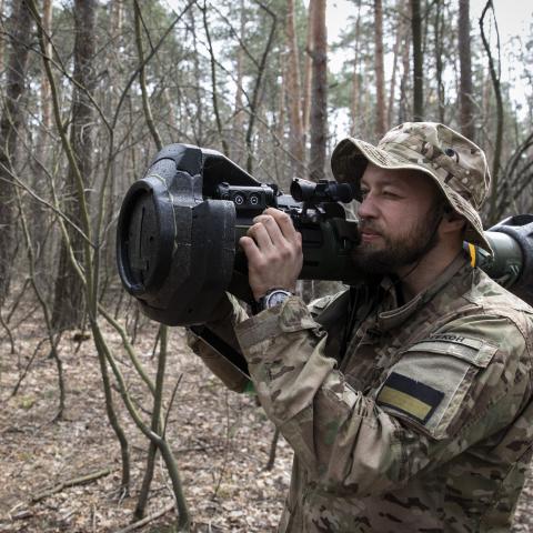 Ukrainian soldier demonstrates firing the MBT-NLAW provided by the United Kingdom. (Alex Chan Tsz Yuk via Getty Images)