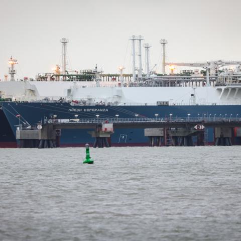 The LNG tanker Maria Energy is moored alongside the Floating Storage and Regasification Unit vessel Hoegh Esperanza at the Uniper LNG terminal at the Jade estuary in Wilhelmshaven, Germany, on January 4, 2023. (Focke Strangmann via Getty Images)
