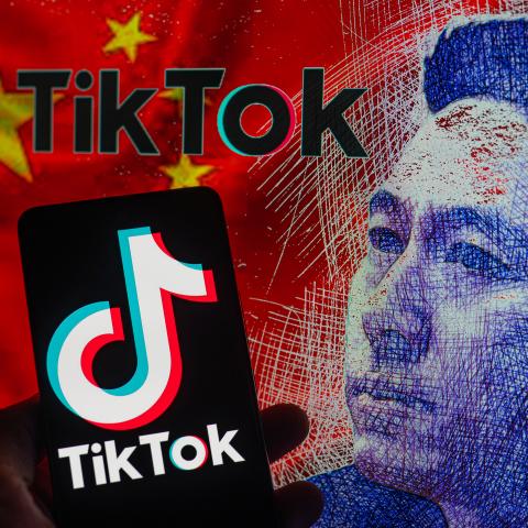 The TikTok logo with a sketch of TikTok CEO Shou Zi Chew. (Jonathan Raa/NurPhoto via Getty Images)