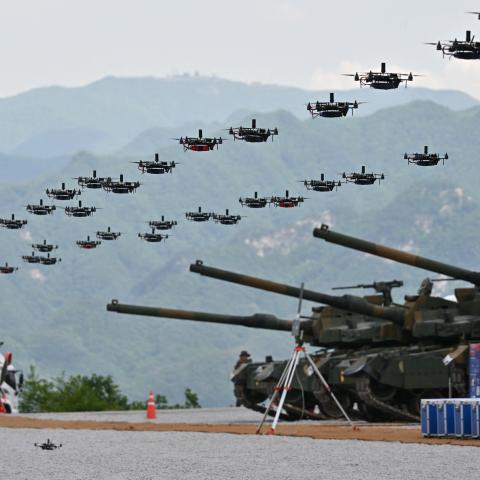 South Korean military drones fly in formation during a South Korea–US joint military drill at Seungjin Fire Training Field in Pocheon, South Korea, on May 25, 2023. (Yelim LEE / AFP via Getty Images)