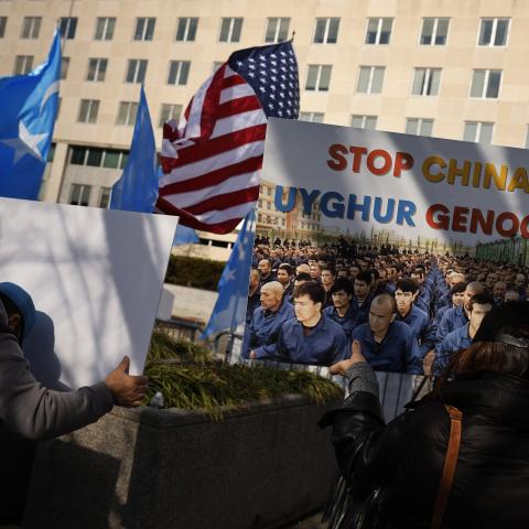 Protestors oppose the Chinese Genocide of Uyghur Muslims outside of the State Department headquarters in Washington, DC, on November 20, 2023. (Photo by Chip Somodevilla/Getty Images)