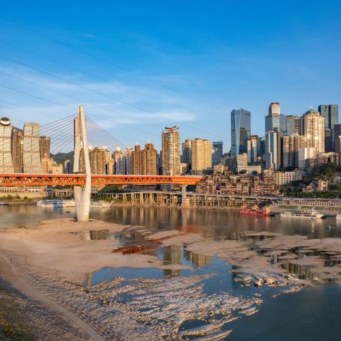 The water level of the Yangtze River and Jialing River in the Chongqing section falls in Chongqing, China, August 17, 2022. (Photo by Costfoto/NurPhoto via Getty Images)